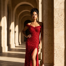 Red Sequined Velvet Off-the-Shoulder Gown, Size 14