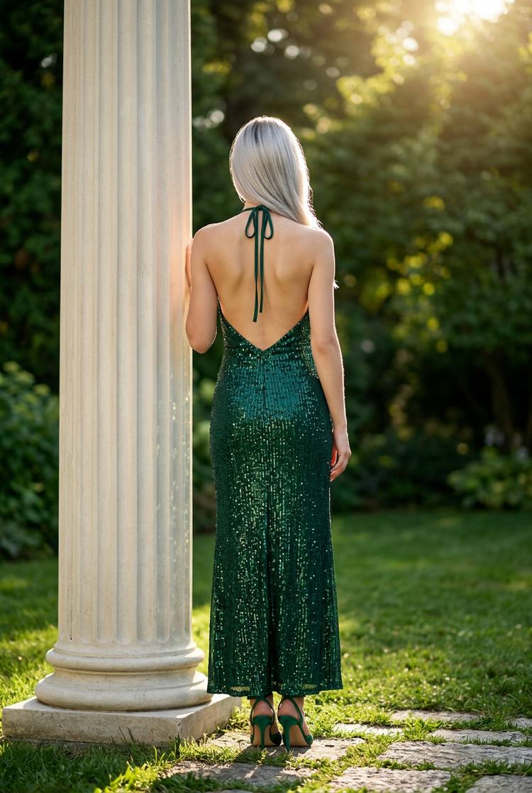 Mac Duggal Emerald Green Full Sequin Halter Gown, Size 12