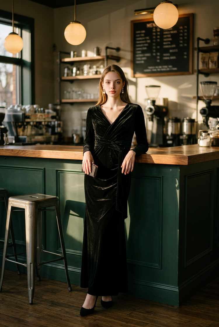 Black Velvet Gown with Side Panel and Slit, Size 10