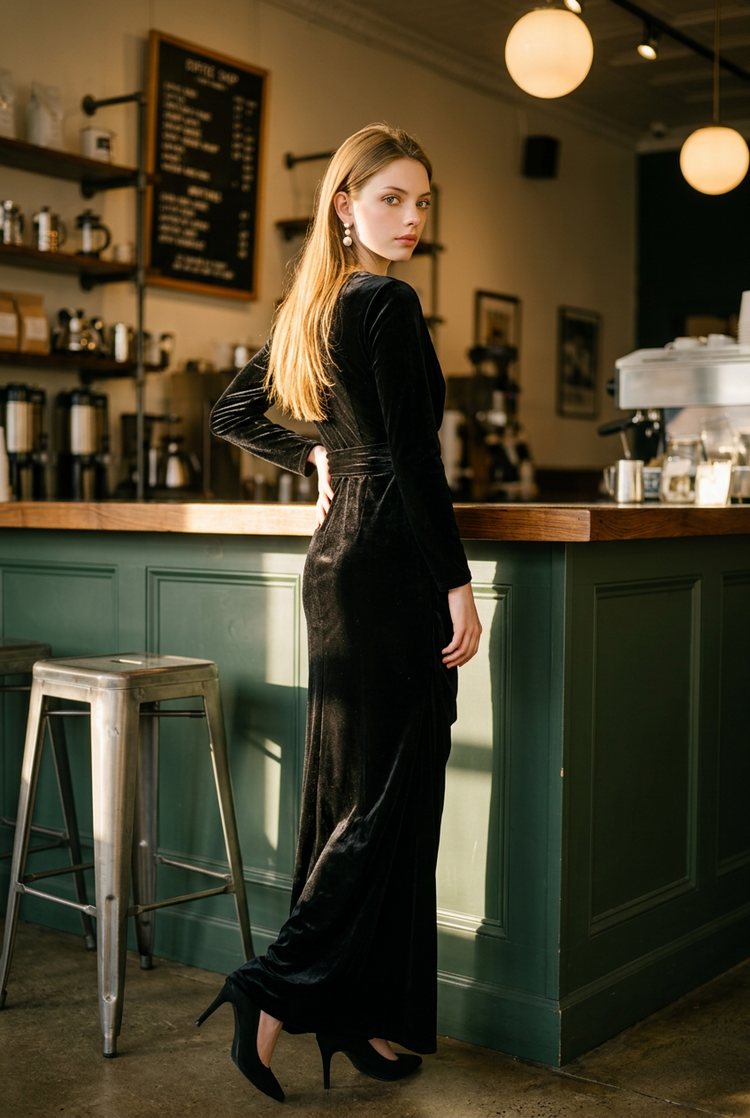 Black Velvet Gown with Side Panel and Slit, Size 10