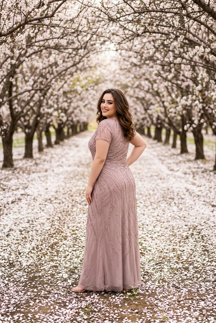 Xscape Rose Pink Sequin and Beaded Overlay Gown, Size 12