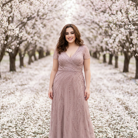 Xscape Rose Pink Sequin and Beaded Overlay Gown, Size 12