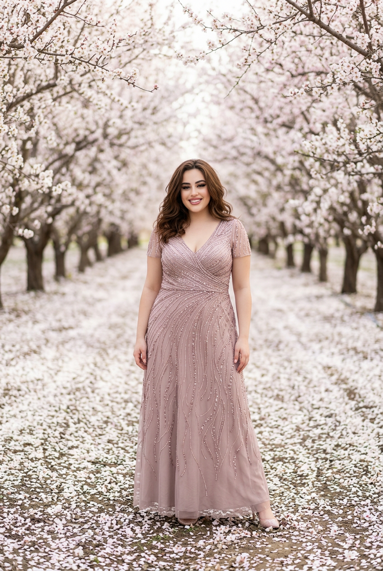 Xscape Rose Pink Sequin and Beaded Overlay Gown, Size 12