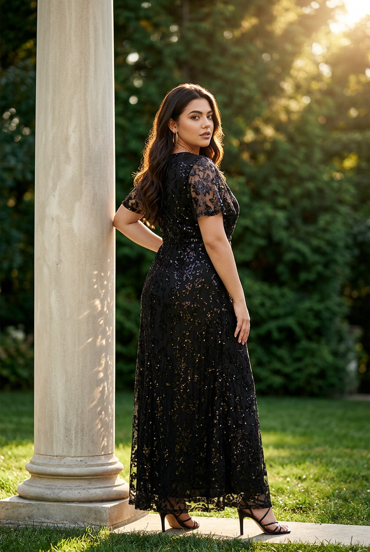 Black Floral Lace Overlay V-Neck Gown, Size 14