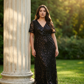 Black Floral Lace Overlay V-Neck Gown, Size 14