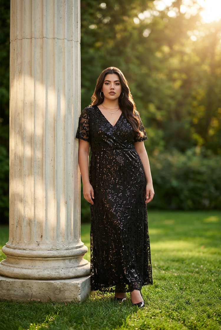 Black Floral Lace Overlay V-Neck Gown, Size 14