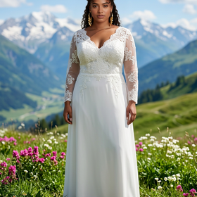 White Gown with Lace Floral Design Top and Sheer Sleeves, Size XL