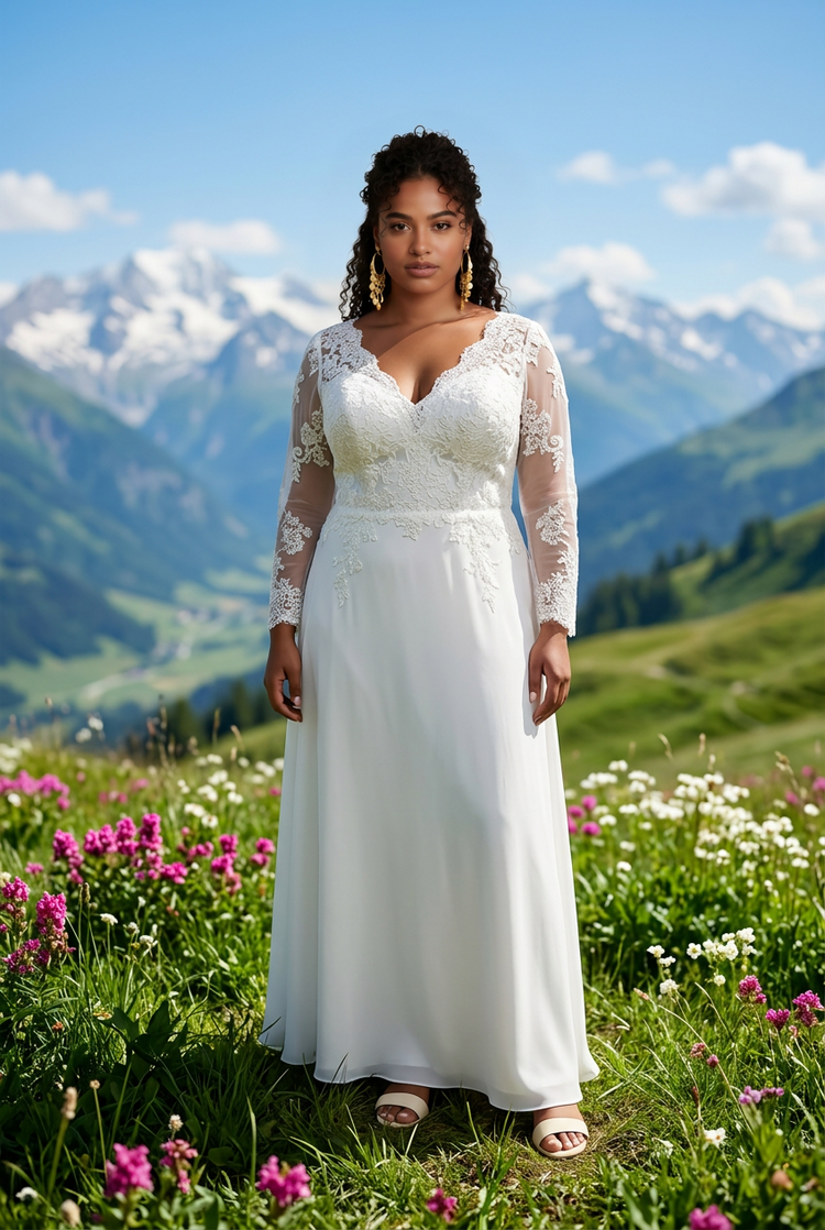 White Gown with Lace Floral Design Top and Sheer Sleeves, Size XL