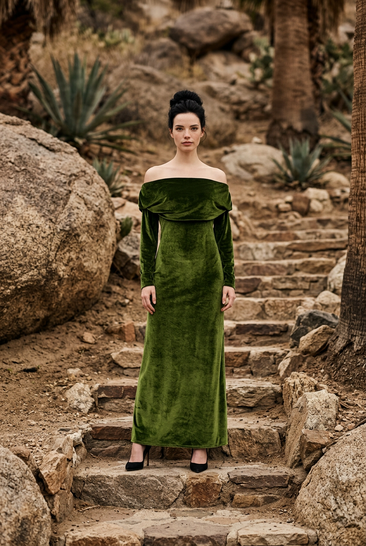 Moss Green Velvet Off-Shoulder Long Sleeved Gown, Size XL