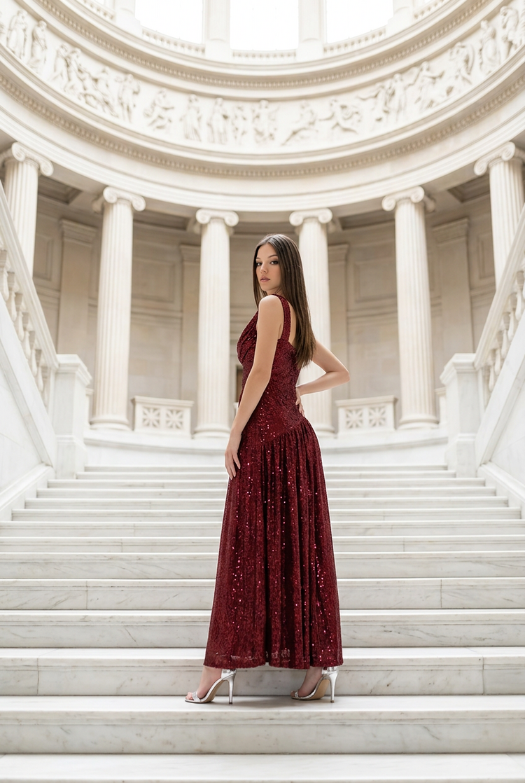 Sangria Red Sequined Gown with Slit, Size 12