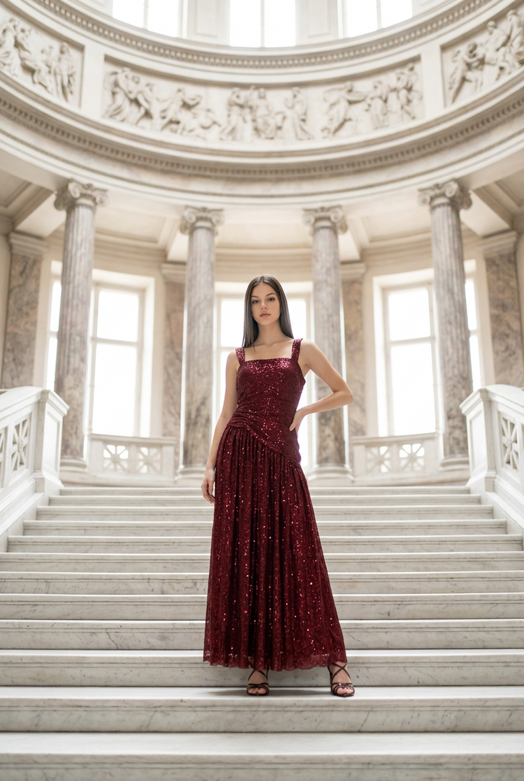 Sangria Red Sequined Gown with Slit, Size 12