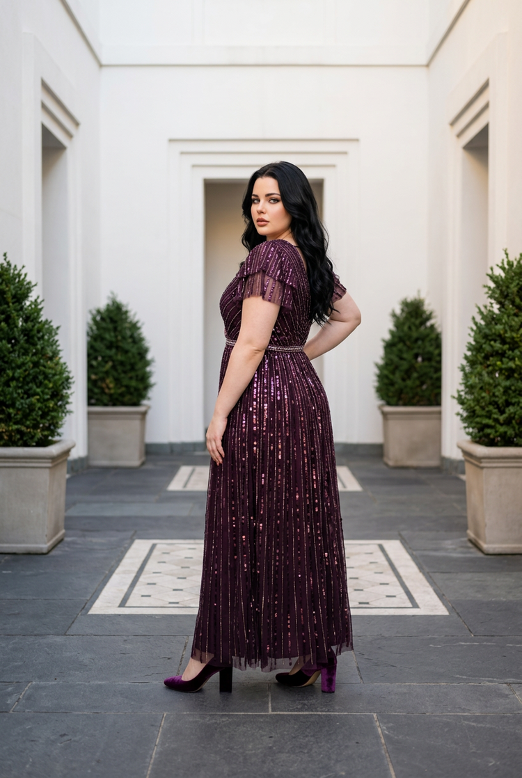 Mac Duggal Plum Sequin Striped Gown with Rhinestone Waist< Size 12