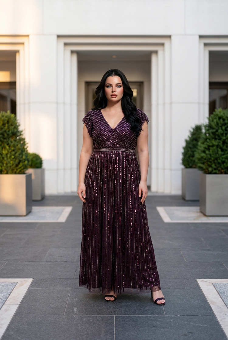 Mac Duggal Plum Sequin Striped Gown with Rhinestone Waist< Size 12