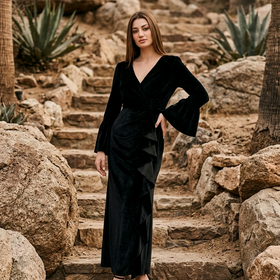 Black Velvet Gown with Side Ruffle and Bell Sleeves, Size 14