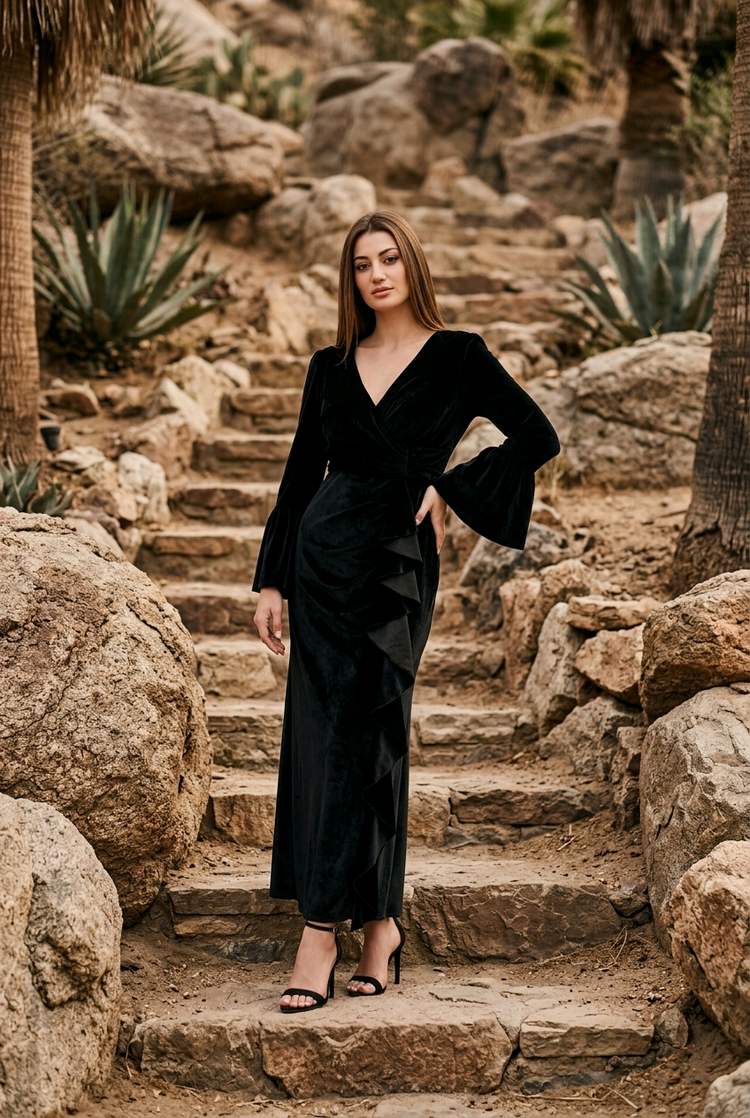 Black Velvet Gown with Side Ruffle and Bell Sleeves, Size 14