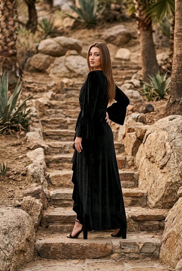 Black Velvet Gown with Side Ruffle and Bell Sleeves, Size 14