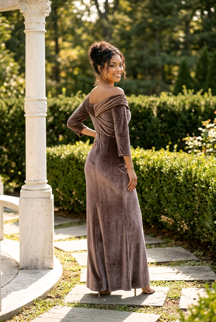 Chocolate Brown Velvet Gown w/Corset Front, Center Slit, Size 8