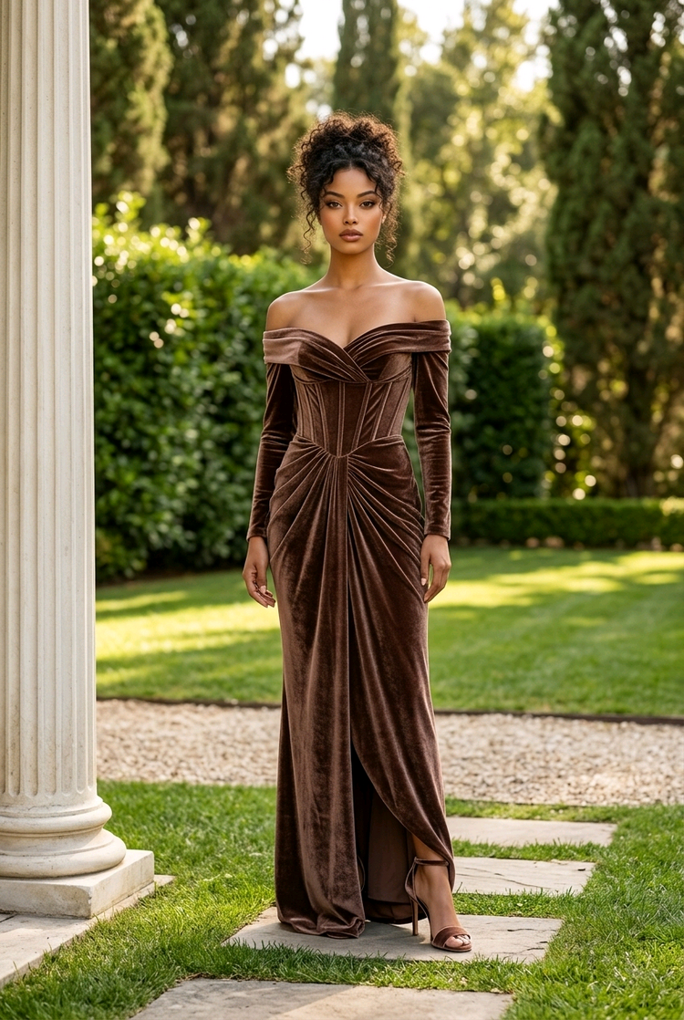 Chocolate Brown Velvet Gown w/Corset Front, Center Slit, Size 8