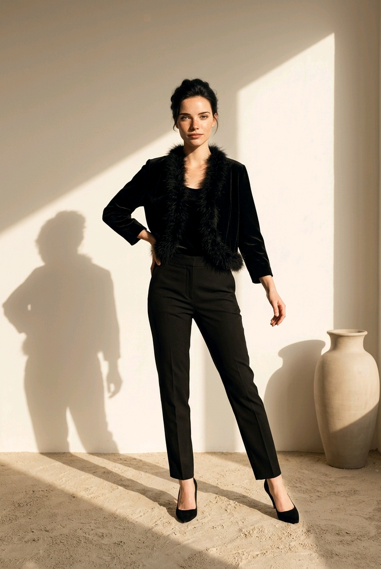 Black Velvet Long Sleeved Ostrich Feather Trim Jacket Size XL