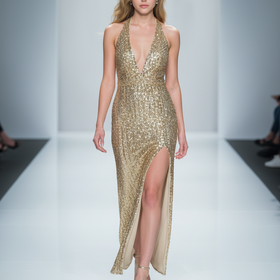 Mac Duggal Beige Fully Gold Sequined Halter Gown with Side Slit