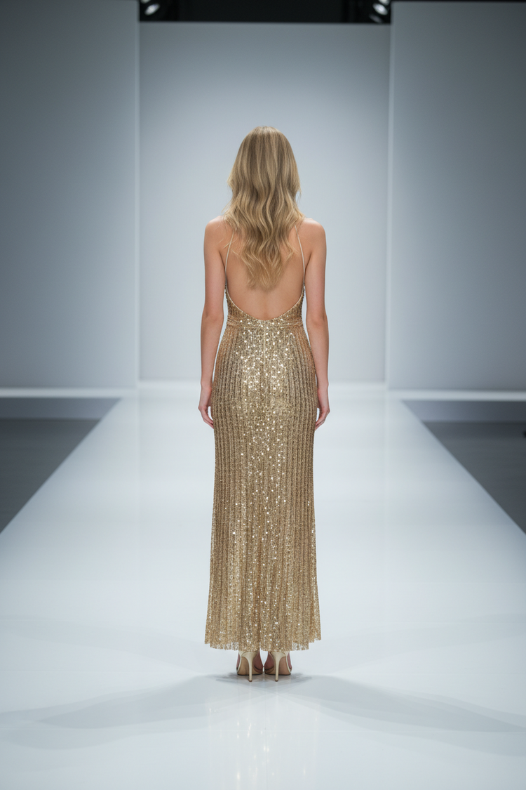 Mac Duggal Beige Fully Gold Sequined Halter Gown with Side Slit