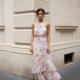 Calvin Klein Pale Peach Floral Dress with Flowy Skirting, Size 8
