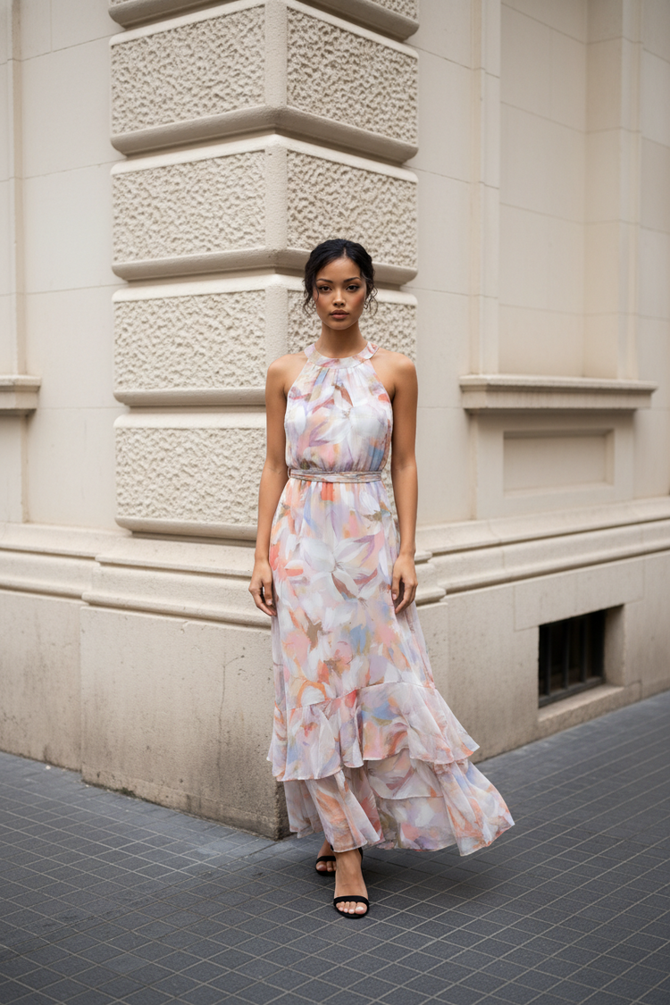 Calvin Klein Pale Peach Floral Dress with Flowy Skirting, Size 8