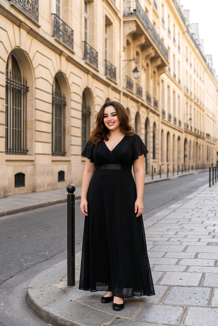 Ever Pretty Black Empire Waist Gown with Flutter Sleeves, Size 12