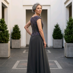 Jkara Graphite Gray Chiffon Gown with Beading, Size 6P