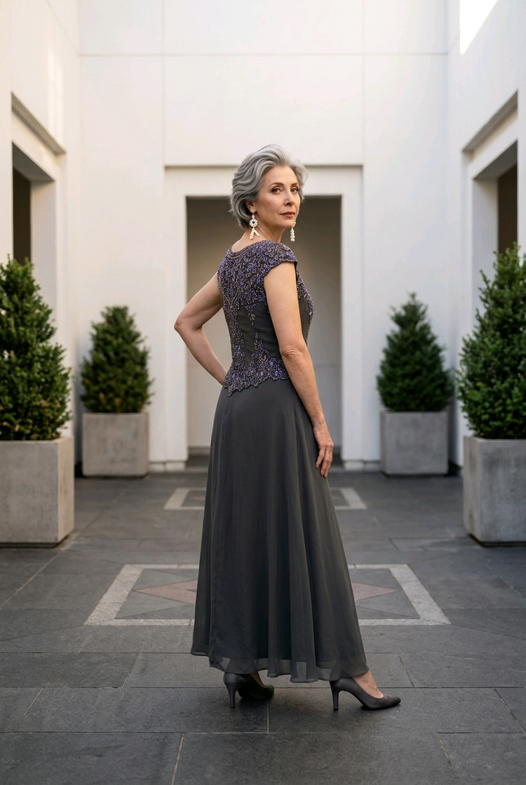 Jkara Graphite Gray Chiffon Gown with Beading, Size 6P