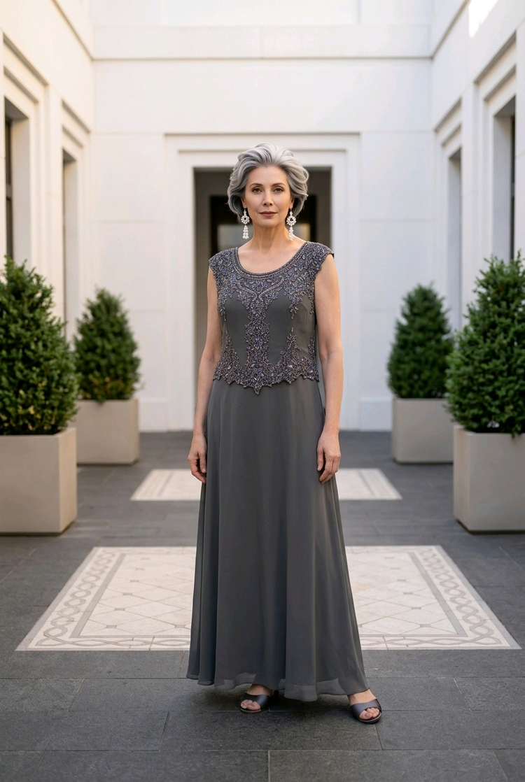 Jkara Graphite Gray Chiffon Gown with Beading, Size 6P