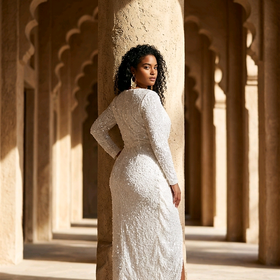 White Sequined Long Sleeved Gown 3X