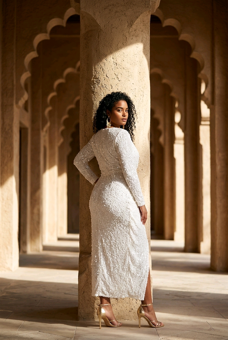 White Sequined Long Sleeved Gown 3X