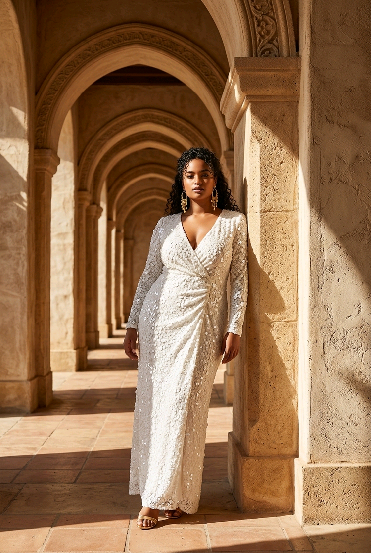 White Sequined Long Sleeved Gown 3X