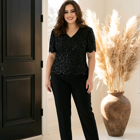 Sténay Black Beaded Design Scalloped Top, Size PL