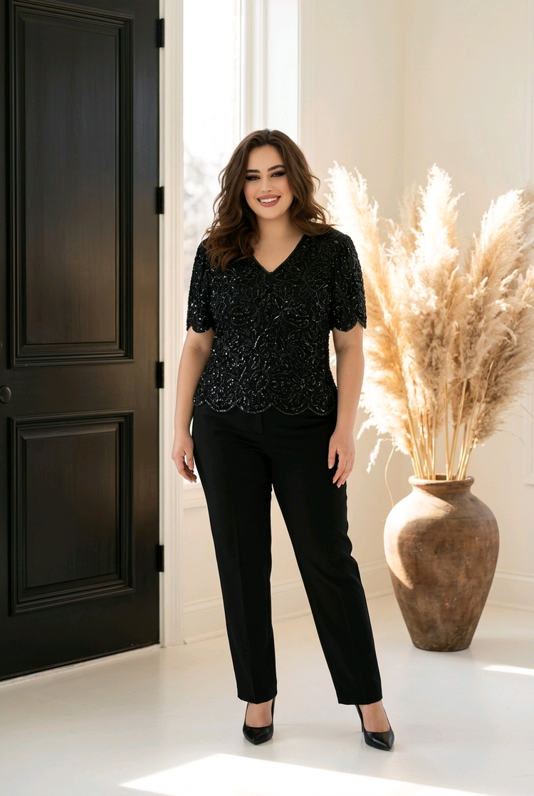 Sténay Black Beaded Design Scalloped Top, Size PL