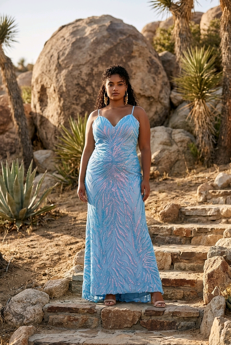 Jovani Iridescent Blue Sequin Gown with Wave Patterning, Size 20