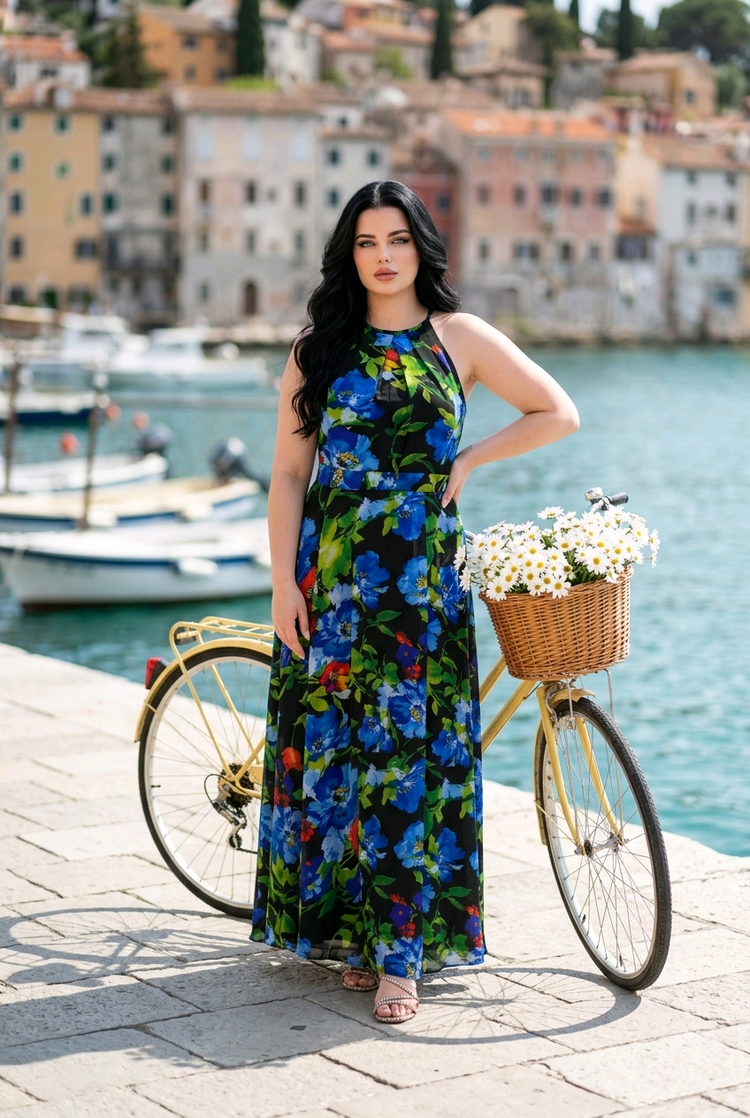 Betsy & Adam Blue Floral Halter Gown with Wrap Skirting, Size 16