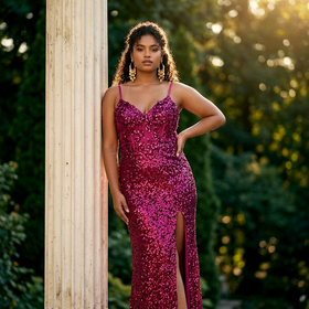 Fuchsia Sequin Gown with Corset Bodice and Slit, Size 16