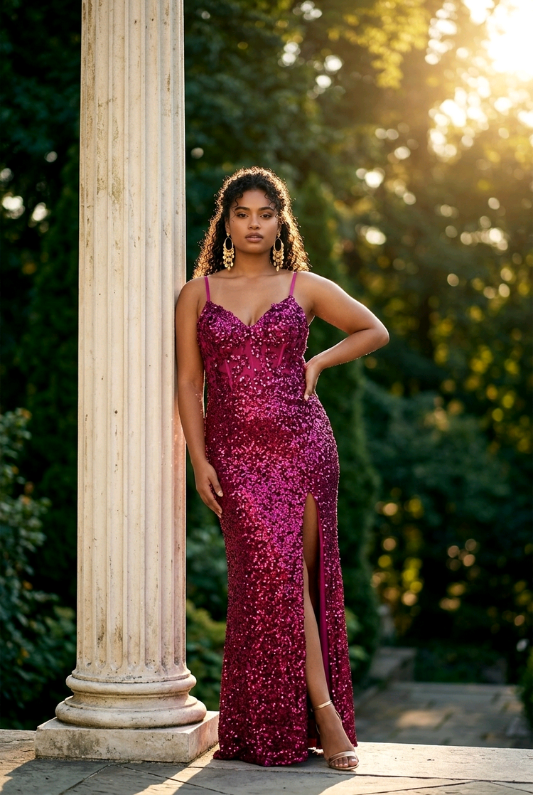 Fuchsia Sequin Gown with Corset Bodice and Slit, Size 16