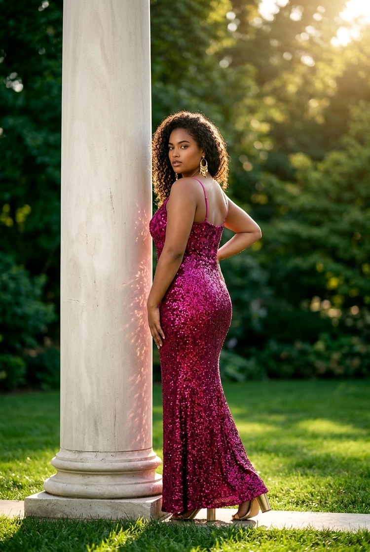 Fuchsia Sequin Gown with Corset Bodice and Slit, Size 16