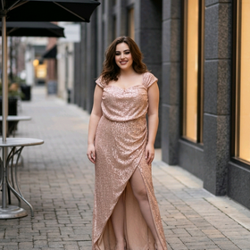 Rose Gold Sequin Gown with Multi-Layer Skirting, Size 5XL