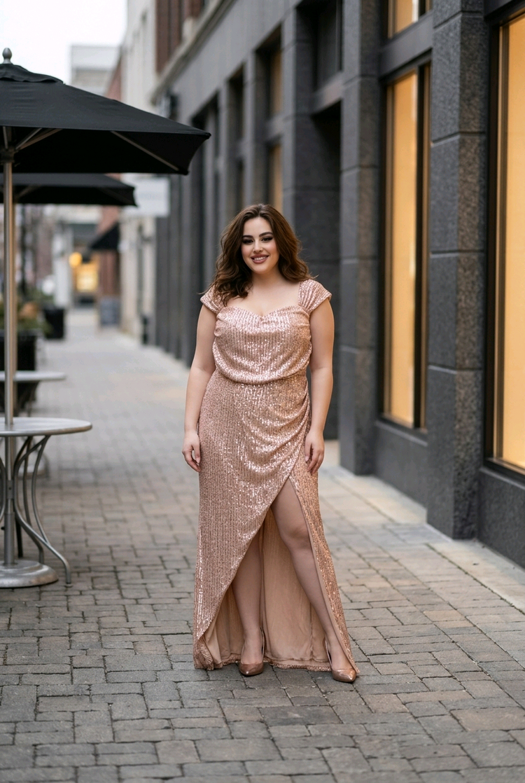 Rose Gold Sequin Gown with Multi-Layer Skirting, Size 5XL