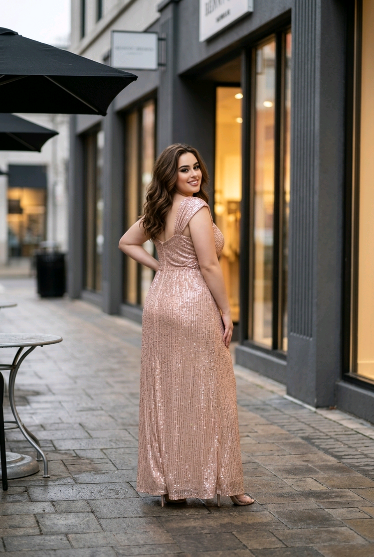 Rose Gold Sequin Gown with Multi-Layer Skirting, Size 5XL
