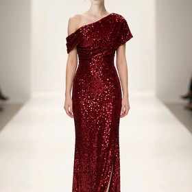 Red Sequined Velvet Off-One-Shoulder Gown, Size 9