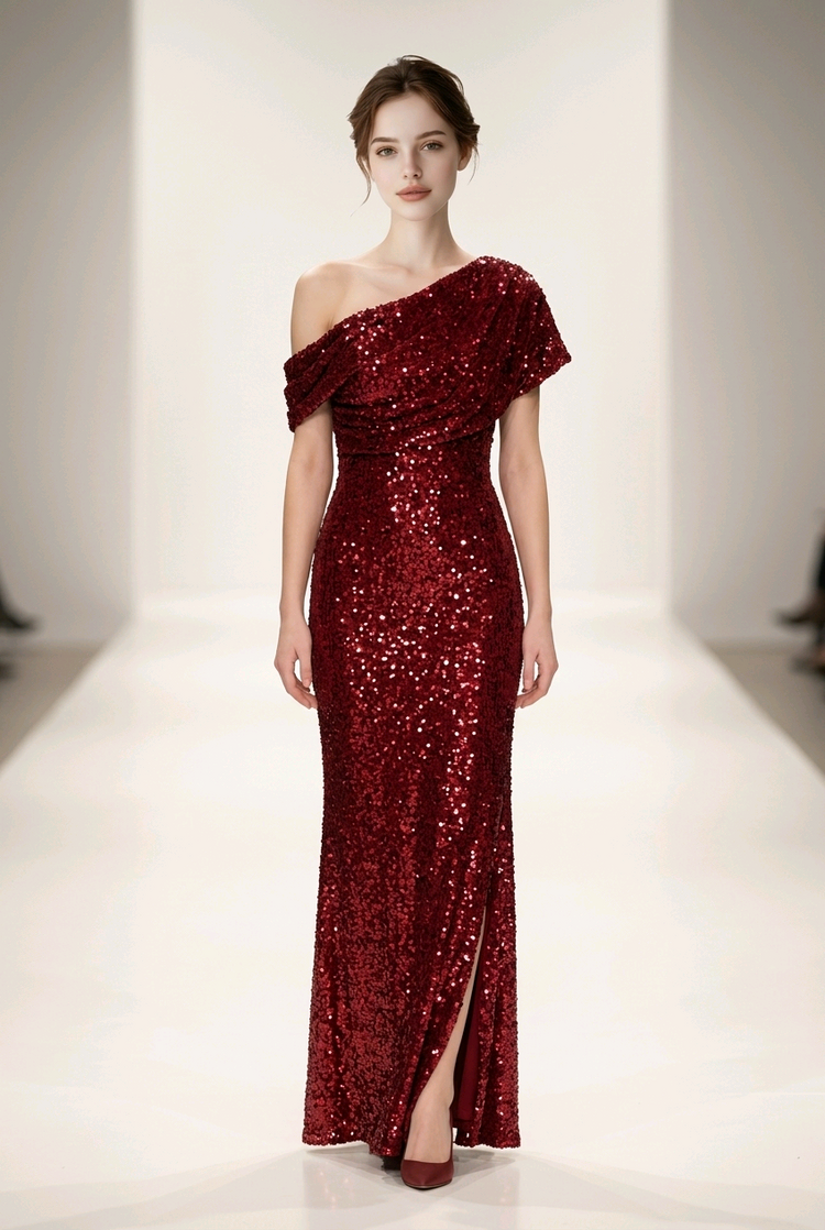 Red Sequined Velvet Off-One-Shoulder Gown, Size 9