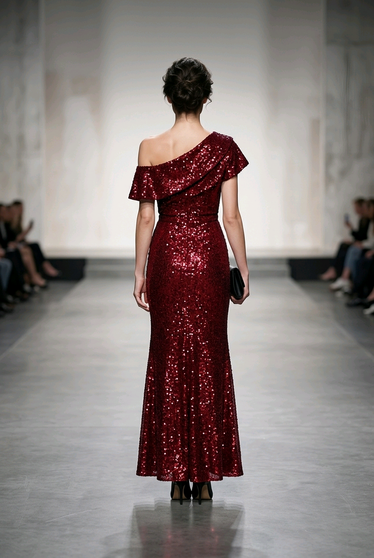 Red Sequined Velvet Off-One-Shoulder Gown, Size 9