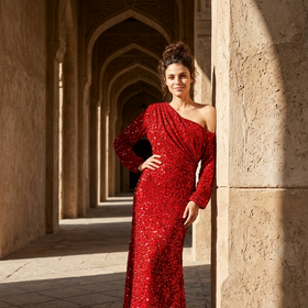 Cherry Red Sequined Velvet Off-One-Shoulder Gown , Size 9