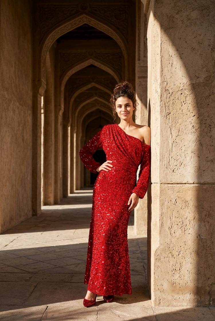 Cherry Red Sequined Velvet Off-One-Shoulder Gown , Size 9