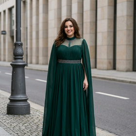 Green Embellished Gown with Cape Sleeves, Size 5XL